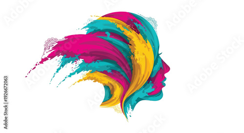Vibrant portrait of a woman's face profile made with colorful paint splashes in pink, yellow, and teal on a white background, conveying a joyful and creative mood with Holi Festival
