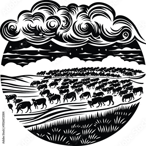 Vector illustration of sheep grazing under a stormy night sky