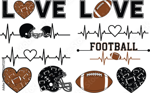  Love football typography collection, American football hearts helmets and heartbeat line elements, sports fan vector illustration set for game day design