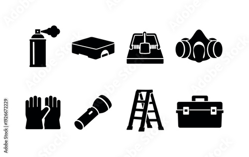 Home pest control tools: spray can, bait station, mouse trap, protective mask, gloves, flashlight, ladder, storage box