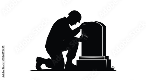 A grieving man kneels at a tombstone in somber reflection silhouette