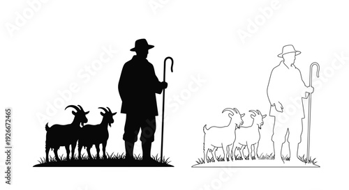 Shepherd with goats and livestock a striking black silhouette