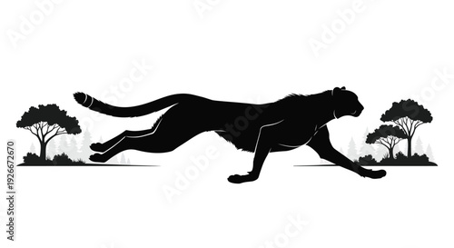 A cheetah running through african savanna landscape black silhouette
