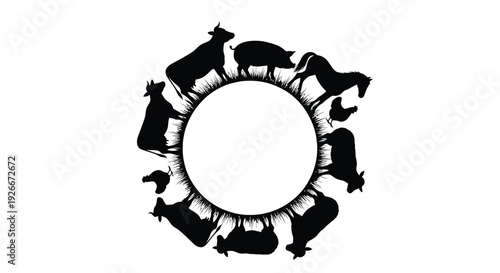 Farm animals arranged in a circular design black silhouette