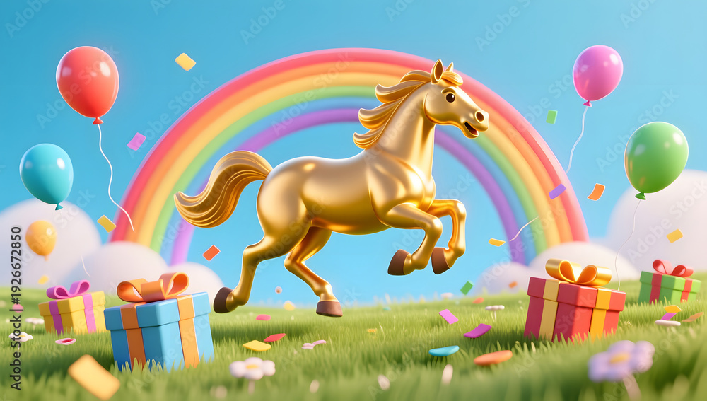 Obraz premium Golden horse running towards a rainbow over a field of gifts