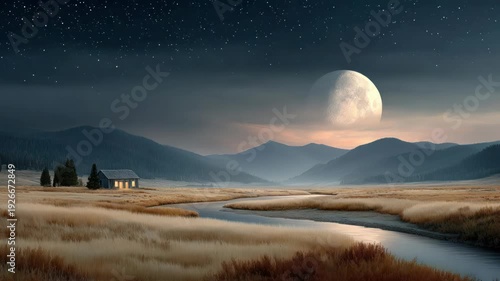 Wallpaper Mural A serene landscape at dusk features a glowing moon, cabin by a river, and mountains Torontodigital.ca
