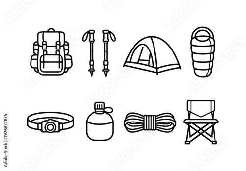 Camping mountain gear: backpack, trekking poles, camping tent, sleeping bag, headlamp, water canteen, rope coil, folding chair
