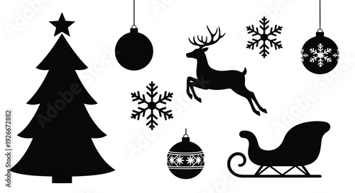 Festive christmas icons and decorations in a bold black silhouette