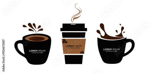 Three coffee cups with dynamic splashes and spills, perfect for coffee shop branding