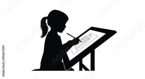 Young artist drawing on a tablet a striking black silhouette