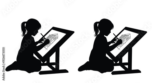 Young artist drawing at an easel depicted in black silhouette