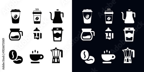 Elevate your menu design with this sleek set of modern coffee icons in black and white, perfect for cafes, restaurants, and food service branding