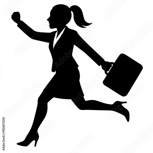 Dynamic Minimalist Silhouette of Businesswoman Running with Briefcase Energetically