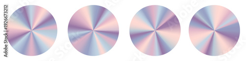 A set of neon holographic stickers. Pearlescent, shiny, round emblems with a rainbow shimmer. Blank templates with radial gradients. Vector glossy labels
