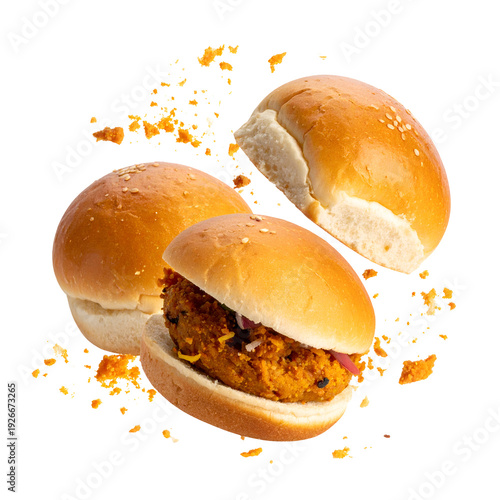 Vada Pav in bun exploding and flying, isolated and Transparent Background