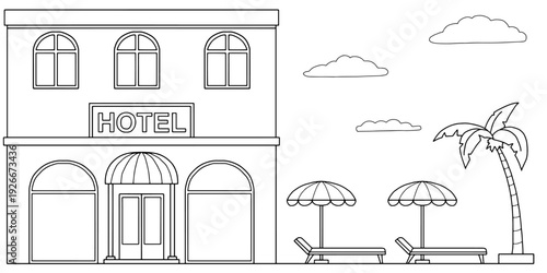 Hotel building exterior front view graphic black white sketch illustration vector 