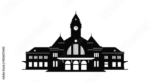 Detailed black silhouette of a historic train station building silhouette