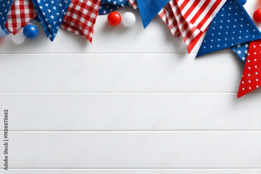 Obraz premium Festive Labor Day Celebration with Red, White, and Blue Decorations on a Flat Lay Surface