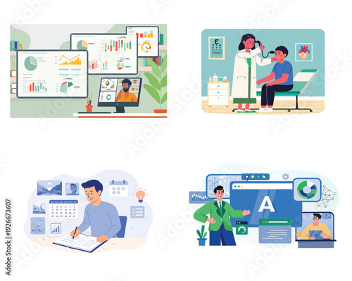 Business professionals collaborating and analyzing data on digital screens, a doctor examining a patient, and a person studying