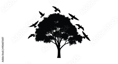 A dark tree with birds in flight against a bright backdrop silhouette
