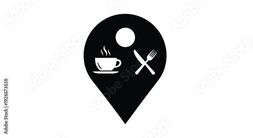 Location pin icon with coffee cutlery and a sun silhouette