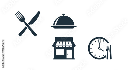 Restaurant icons featuring cutlery food and a building silhouette