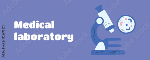 Medical Laboratory Banner with Microscope, Microbes and Bacteria, Microbiology Research Concept