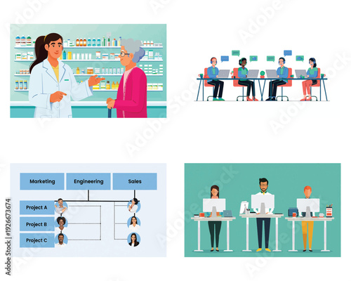 Diverse Professional Scenarios Illustrating Teamwork, Healthcare, and Business Organization in Modern Workplaces