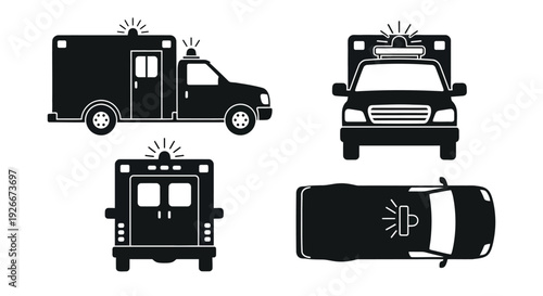 Four views of an ambulance depicted in stark black silhouette