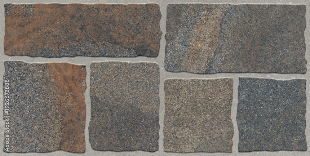 Obraz premium Rough textured stone tile pattern with rectangular and square shapes in earthy tones