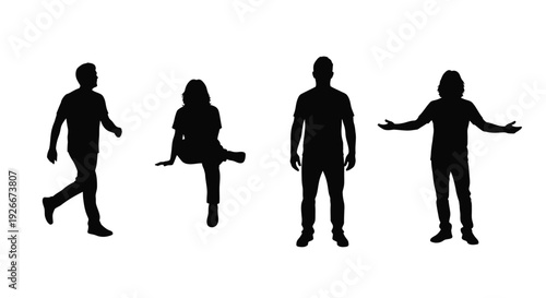 Four people in dynamic poses captured as a stark silhouette