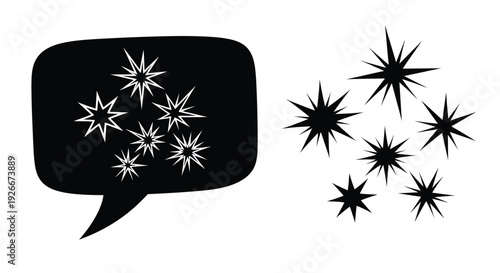 Black speech bubble with starbursts and accompanying shapes a striking silhouette