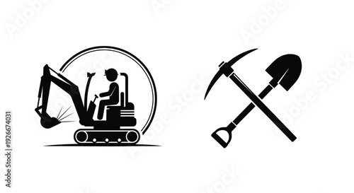 Construction worker operating excavator with tools a bold graphic silhouette