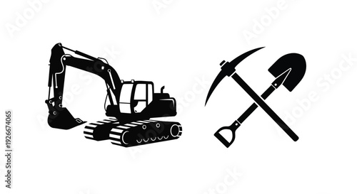 Construction machinery and tools depicted in a striking black silhouette