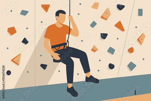 Man suspended on climbing wall resting with safety harness.