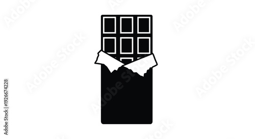 Opened chocolate bar with broken wrapper a stark black silhouette