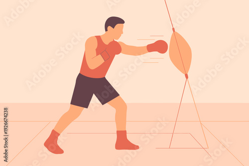 Man Training with Punching Bag Boxing Workout Illustration.