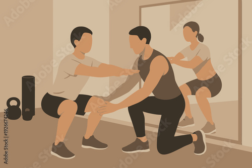 Personal Training Session Squats with Trainer Assistance and Group Exercise.