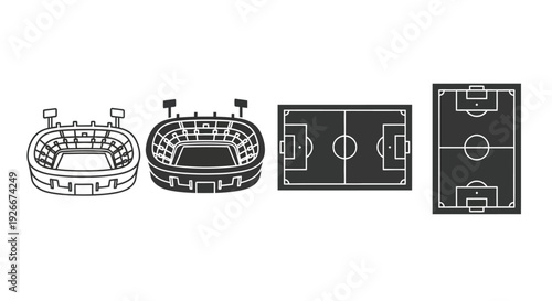 Four black and white stadium and field illustrations a flat design silhouette