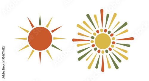 Two stylized sunbursts in warm colors a clean graphic silhouette
