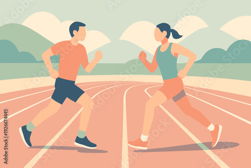 Two Athletes Running on a Track in a Sports Competition.