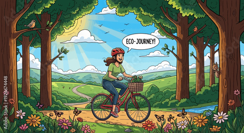 eco-journey: woman cycling through nature, sustainable lifestyle