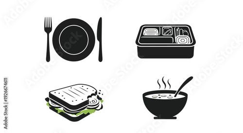 Meal prep containers cutlery and foods in black silhouette