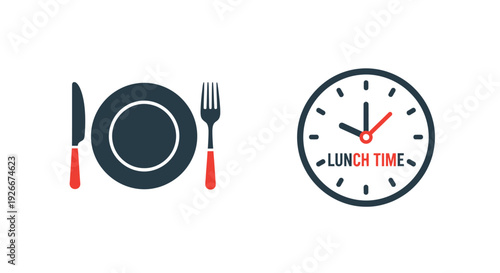 Lunchtime icons plate cutlery and clock in dark silhouette