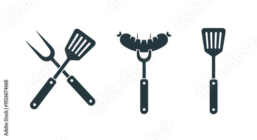 Barbecue tools and grilled meat in a simple black silhouette