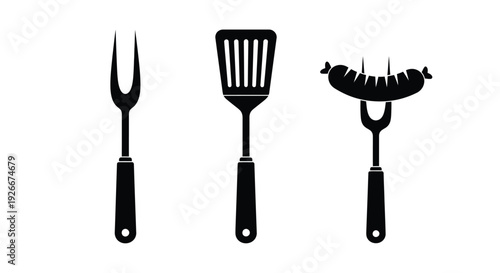 Barbecue tools and sausage depicted in a striking black silhouette