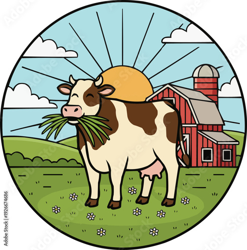 Cartoon dairy cow chewing grass on a farm field with barn and sunrise in circular frame. Perfect for farm logos, milk labels, kids books, and countryside-themed branding