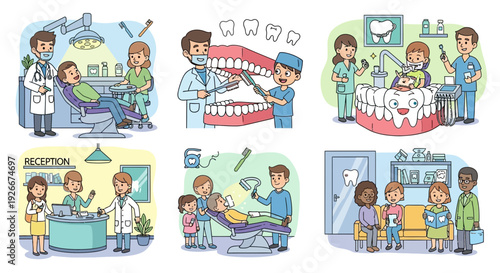 Dentist visit illustrations: dental clinic, patient care, teeth health, medical treatment