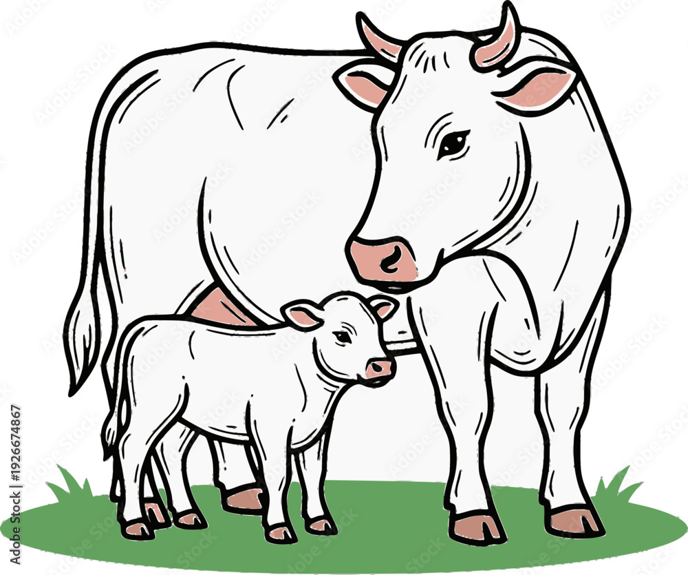 Fototapeta premium Cartoon white cow and calf standing on grass. Perfect for farm-themed designs, educational materials, children’s books, livestock branding, and animal family illustrations