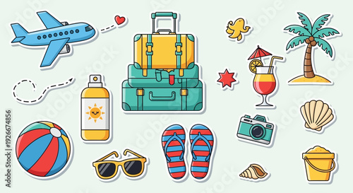 travel vacation stickers set, summer holiday elements, beach accessories